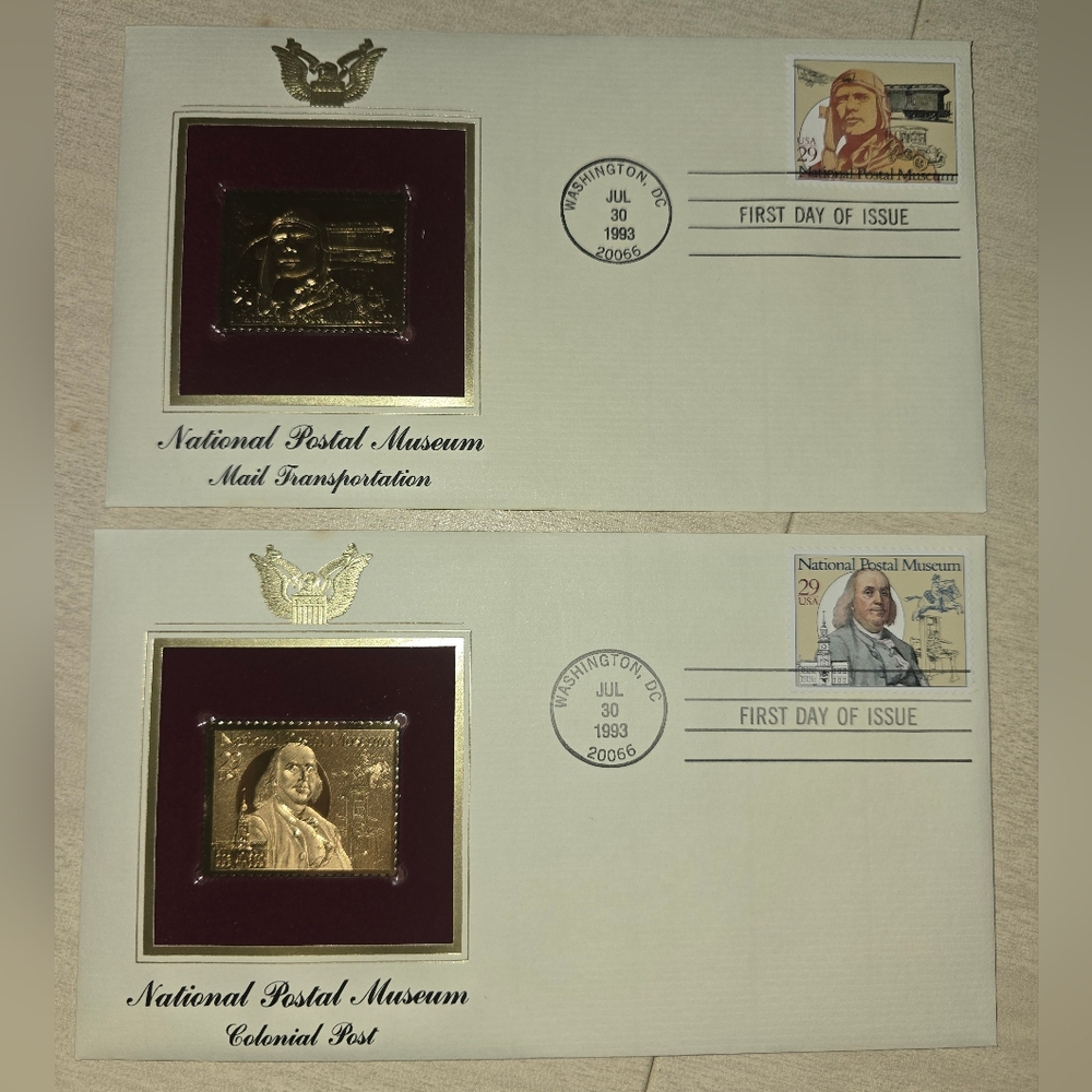 Two 1993 National Postal Museum Colonial Post 22kt Gold First Day Cover Stamps